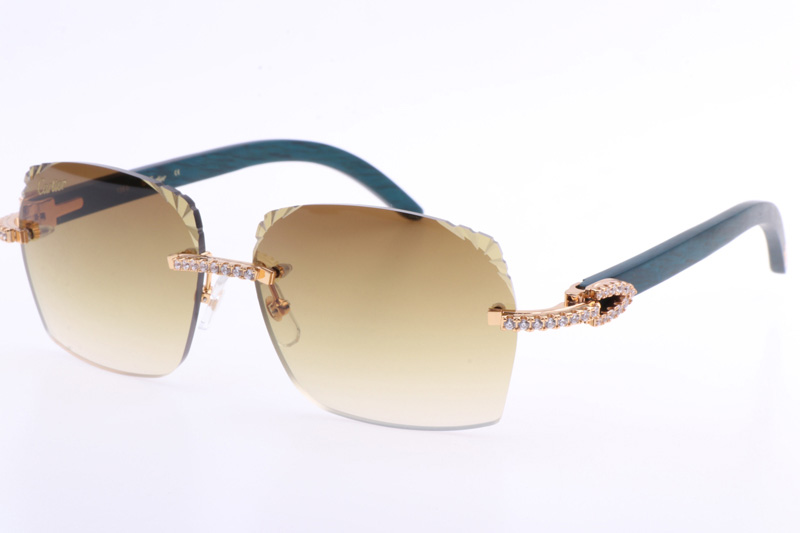 CT 8300818 Big Diamonds Engrave Lens Green Wood Sunglasses In Gold Brown