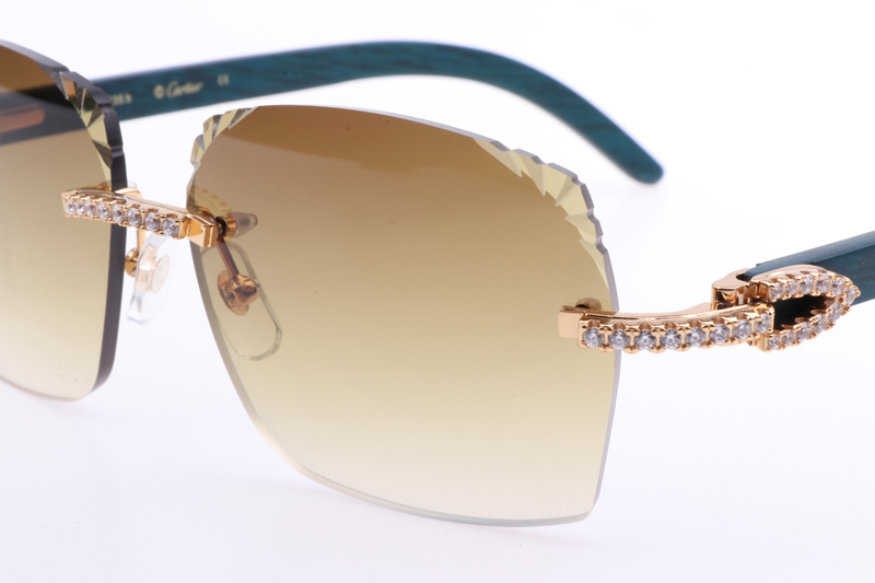 CT 8300818 Big Diamonds Engrave Lens Green Wood Sunglasses In Gold Brown