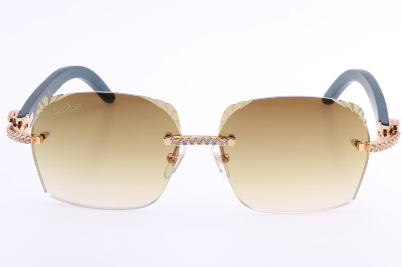 CT 8300818 Big Diamonds Engrave Lens Green Wood Sunglasses In Gold Brown