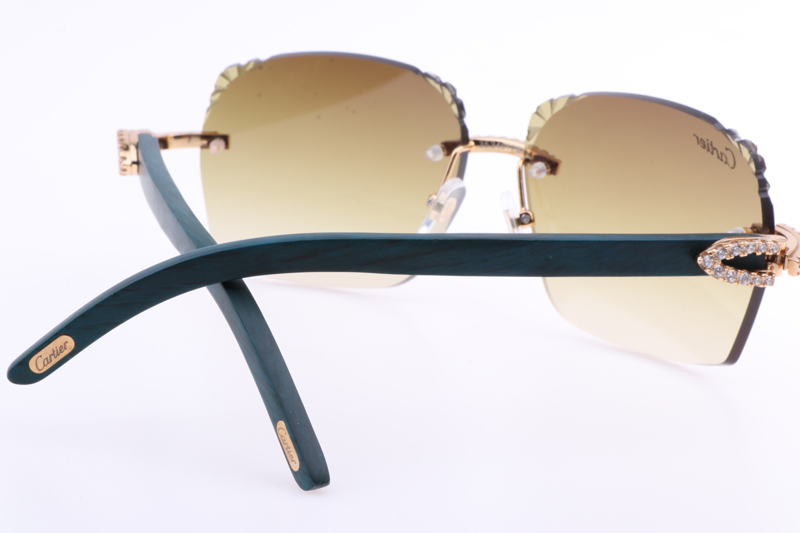 CT 8300818 Big Diamonds Engrave Lens Green Wood Sunglasses In Gold Brown