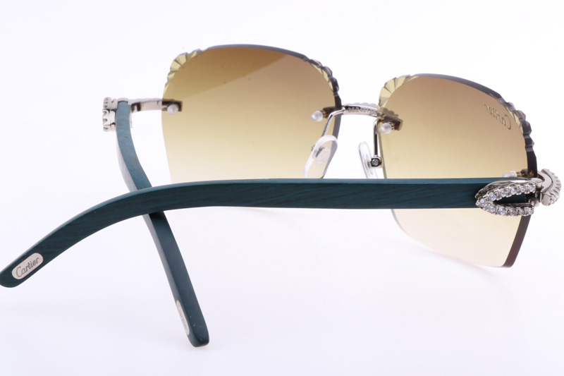 CT 8300818 Big Diamonds Engrave Lens Green Wood Sunglasses In Silver Brown