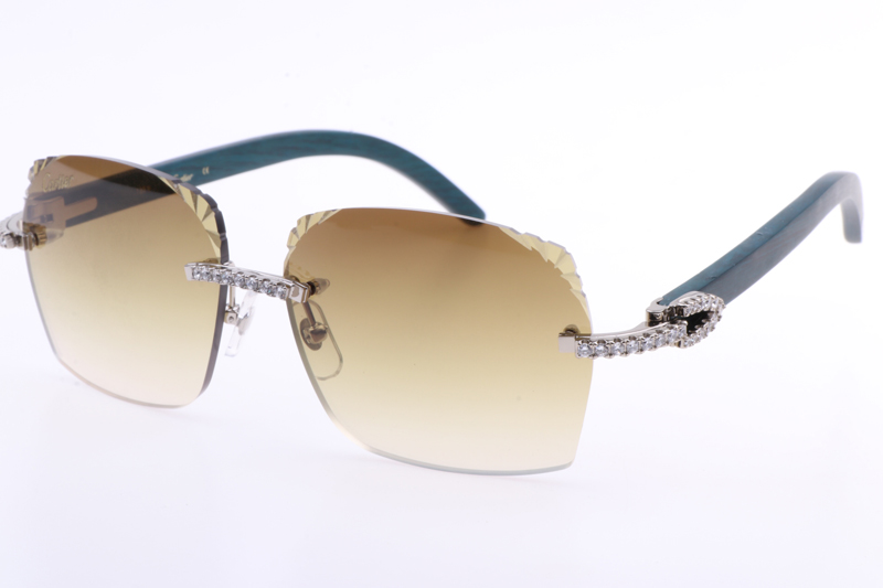 CT 8300818 Big Diamonds Engrave Lens Green Wood Sunglasses In Silver Brown