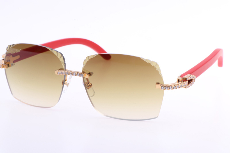 CT 8300818 Big Diamonds Engrave Lens Red Wood Sunglasses In Gold Brown