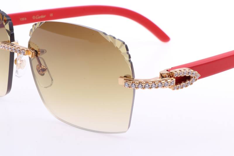 CT 8300818 Big Diamonds Engrave Lens Red Wood Sunglasses In Gold Brown