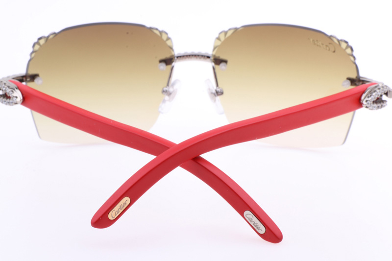 CT 8300818 Big Diamonds Engrave Lens Red Wood Sunglasses In Silver Brown