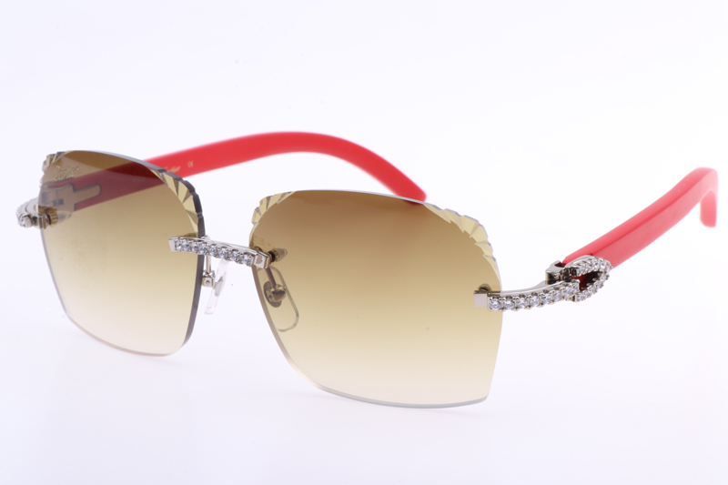 CT 8300818 Big Diamonds Engrave Lens Red Wood Sunglasses In Silver Brown