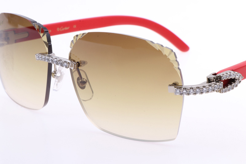 CT 8300818 Big Diamonds Engrave Lens Red Wood Sunglasses In Silver Brown